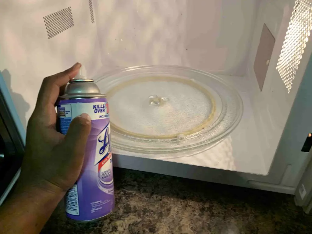 spraying lsyol disinfectant spray inside of a microwave