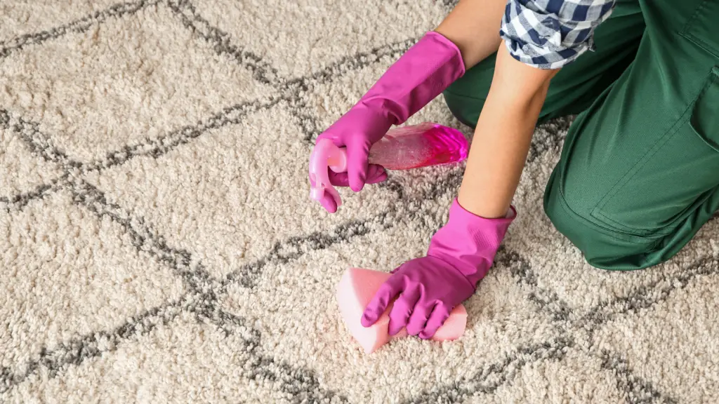 cleaning carpet with a spray and a sponge