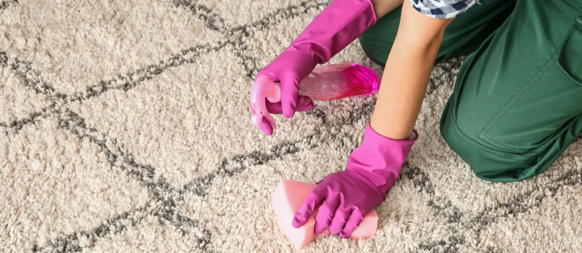 cleaning carpet with a spray and a sponge
